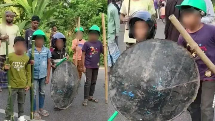 অবরোধ কর্মসূচি ঘিরে হেলমেট মাথায় শিশুদের হাতে লাঠিসোঁটাসহ দেশীয় অস্ত্র। ছবি: সংগৃহীত