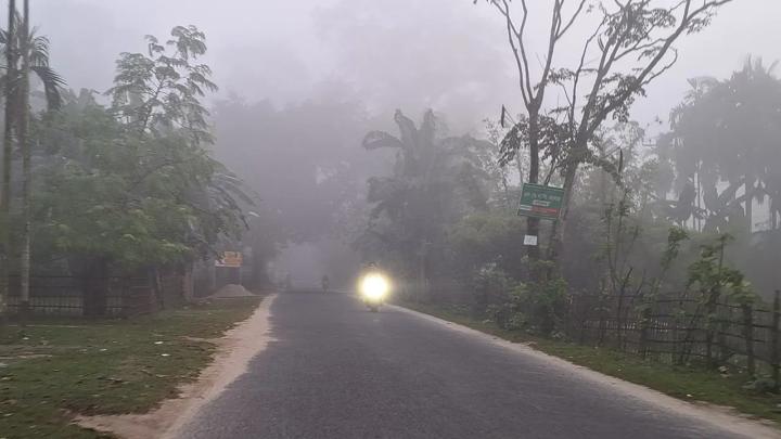 তেঁতুলিয়ায় ঘন কুয়াশায় দিনের বেলায়ও হেডলাইট জ্বালিয়ে চলছে গাড়ি। ছবি: সংগৃহীত